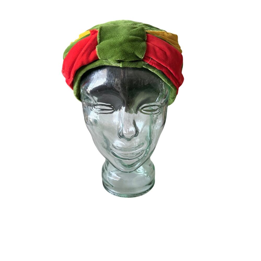 Vintage green red yellow gold velvet hat USA Union made Rasta tam unisex hippie